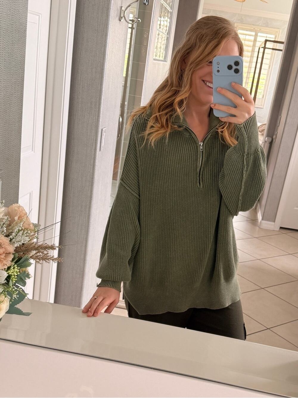 Aerie Beyond Quarter Zip 100% Cotton Olive Small